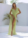 Fongt Women's Beach Vacation Shirt Sexy Sleeveless Dress Solid Color Open Fork 8048