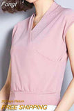 Fashion V-neck Temperament Short Sleeve Chic Pullovers for Women Blouses 2023 Solid Color Office Lady Bright Silk