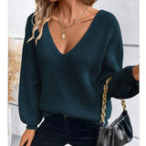 Fongt Women's V-Neck Solid Color Sweater Autumn New Long-Sleeved Casual Loose Bow Top Woman