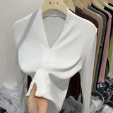 Threaded Deep V Long-Sleeved T-Shirt Women's Spring And Autumn New Slim Bottom Shirt With Pure Sexy Solid Color Blouse-Outfit