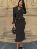 Fongt V-Neck Loaf Side Long Sleeve Open Shirt Bag Hip Fishtail Long Dress Elastic Knitted Two-Piece Suit Woman