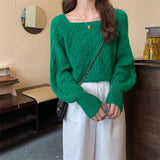 Fongt Gentle Wind Sweet Lantern Sleeve Soft Waxy Wind Sweater Retro Square Neck Knit Top Woman-Outfit