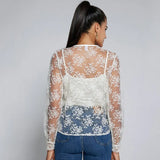 See Through Lace Chiffon Blouse Women Sweet French Square Collar Flower Lace-up Mesh Shirt Loose Long Sleeve Top