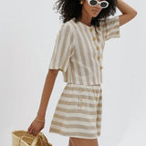 Fongt Women's Short Sleeve Striped Shirt Shorts Set Stylish Loose Breathable Two-Piece Set-Outfit