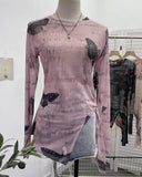Fongt Tie-Dye-Print Net Yarn Jersey Long-Sleeved Top Irregularly T-Shirt With Thin Short T-Shirt 1919