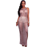 Crochet Gold Hollow Out Bodycon Sweater Dress Women Casual Pullover O-neck Sleeveless Long Maxi Beachwear Gowns Tunic-Outfit