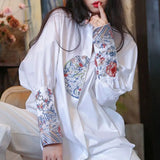 Style Floral Embroidery Shirt Casual Loose Spring Autumn Vintage Stand Collar Women's Clothing Single-breasted Blouse-Outfit