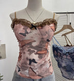Real-Shooting Lace Bow Repair Body Tie-Dye-Print Mesh Hottie Pure Desire Sling Vest With Chest Cushion Top