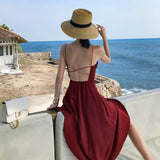 Backless Long Women Dress Korean Chic Solid Color Gorgeous Spaghetti Strap Dress Summer Red Simple Elegant Vestidos
