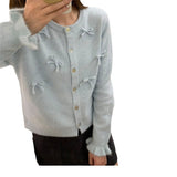 Spring And Autumn New Pure Color High-Grade Round Collar Hand-Made Three-Dimensional Bow Soft Waxy Knitted Cardigan Blouse-Outfit