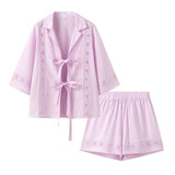 Fongt Summer New Fashion Collar Long-Sleeved Shirt + High Waist Hollow Shorts Women 1932