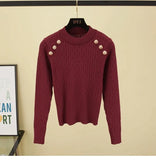 Sleeve O-neck High Quality Sweater Shirts With Decorated Buttons Girls Stretchy Crop Tops Autumn Sweaters Pullovers Women-Outfit