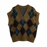 V Neck Rhomboid Pattern Knitting Sweater Female Sleeveless Pullover Casual Lady Loose Tops