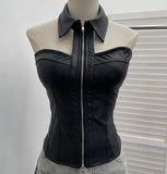 Fongt Shot With Chest Pad Hanging Neck Sling Vest Babes Design Pu Skin Tight Short Sleeveless Top Woman 1359