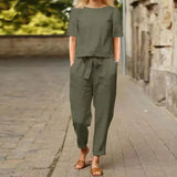 Fongt Women's Cotton Tample Summer With Suit Half-Sleeved O-Neck Oversized Hoodie E Broad Leg Pants Retro Two-Piece Set