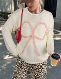 Fongt Yang Autumn And Winter Sweater Women Loose Round Collar Hand Embroidered Bow Jacket Coat