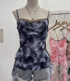 Real Shooting Atmosphere Feels A Mesh Yarn-Print Sling Vest Irregular Ribbon Splicing Lace Sleeveless Top