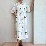 Fongt Women's New Printed Collar Long Collection Belt With Shirt Dress 661