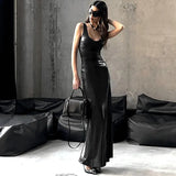 Fongt Women's Wear 2024 Winter New Fashion U-Neck Solid Color Slit Vest Dress-Outfit