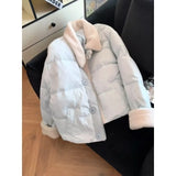 Fongt Milk Blue Splicing Short Cotton Clothes Women Wear Thick Warm Cotton Clothes Loose Thin Coat Top