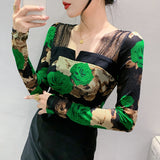 New Arrival Autumn TShirt Women Patched Mesh Square Collar Full Sleeve High Stretch Slim T-shirts Tops-Outfit