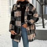 Fongt Women's Autumn And Winter Long Sleeve Double Pocket Lattice Hairy Large Fashion Coat