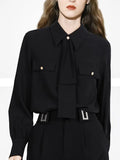 Fongt Black T-Shirt Women's New Temperament OL Single-Laughter Long Sleeve Shirt Tide In 2025 Spring