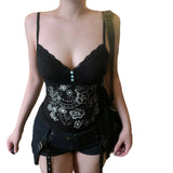 Fongt Dark Black Style Sexy Lace Splicing V-Neck Sling Sling Retro Print Personality Hottie Inside And Outside Wearing A Vest
