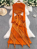Fongt Retro Long-Sleeved Dress Dress Women Summer High-End Light Extravagant Folds To The Waist Wood Ear Long Dress