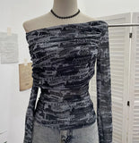 Vintage Tie-Dye-Print Mesh Folded Long-Sleeved T-Shirt With A Word-Collar Slanted Shoulder-To-Back Short Top