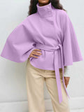 Fongt Women's Autumn And Winter New Fashion Pure Color Cape Collar Collar Belt Wind Coat
