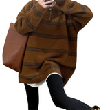 Fongt Color Stripe Retro Matching Color Sweater Women's New Lazy Wind Sweater Loose And Versatile Medium Long Pullover Sweater-Outfit