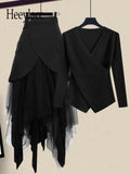 Winter 2 Piece Sets Women Long Sleeve Deep V-Neck Knitting Sweater And Irregular Mesh Patchwork Black Skirt Two Piece