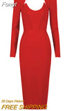 2023 New Women's V-neck Bandage Dress Sexy Full Sleeve Solid Celebrity Bodysuit Club Evening Midi Party Dress
