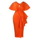 Fongt Summer Sexy V-Necked Lotus Leaf Side Open Nail Bead Party Dress Famous Temperament Banquet Dress