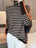Women's Turtleneck Sweater 2023 Winter Printted Elegant Top Casual Loose Warm Office Black and White Oversize Pullover for Women-Outfit