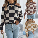 Shooting Autumn And Winter New Casual Shoulder Bump Color Lattice Lantern Long-Sleeved Sweater Women's