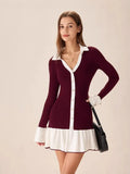 Fongt 2025 New Short Dress Women's Fashion Lotus Side Knitted Dress Long-Sleeved Little Scented Style Dress