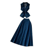 Fongt Age-Down Suit Women's Summer Ripe Wind Folds Back-Clip-Free Denim Blouse + High Waist Half