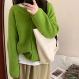 Soft Waxy Round Neck Long-Sleeved Knitted Cardigan Women's 2024 Autumn And Winter Short Lazy Style Solid Color Sweater Jacket-Outfit