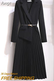 Women's Dress Notched Chiffon Elegant Dresses for Women 2023 Spring Pleated White Dress Belt Knee-Length Solid OL Woman