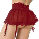 Sheer Black Mesh And Lace Six Strap Ruffle Garter Belt High Waisted Lace Pull On Suspender Belt Women Black