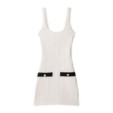 Fongt New Women's Elastic Knitted Button Dress With Short Dress 5063343