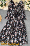 Women Sexy Boho Dress New 2023 Spring Autumn Long Sleeve V Neck Backless Long Dresses Ladies Vintage Floral Printed