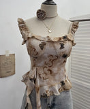 Fongt Shoot French Retro Irregular Lotus With Chest Cushions With Ribbon Sling Vest Summer Chiffon Top 9137