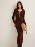 Fongt New Women's Dress French Retro Solid Color V-Neck Long-Sleeved Bag Hip Knitted Dress