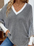 Fongt And Winter New Loose Knitted Stripes V Collar Bat Sleeve Splicing Stuff Sweater Women's Clothing