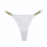 Fongt Diamond Metal Chain Lady T-Shirt Trousers Thin Perspective Lace T Pants Thin Cotton Crotch Trousers