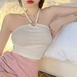 Women Tank Tops Solid Color Halter Sweet Camisole Slim Sexy Exposed Navel Crop Top-Outfit