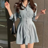 Mini Dress Women Folds Slim A Line Shirts Dress Office Lady Korean Elegant Long Sleeve Simple Casual Chic Vestidos New-Outfit